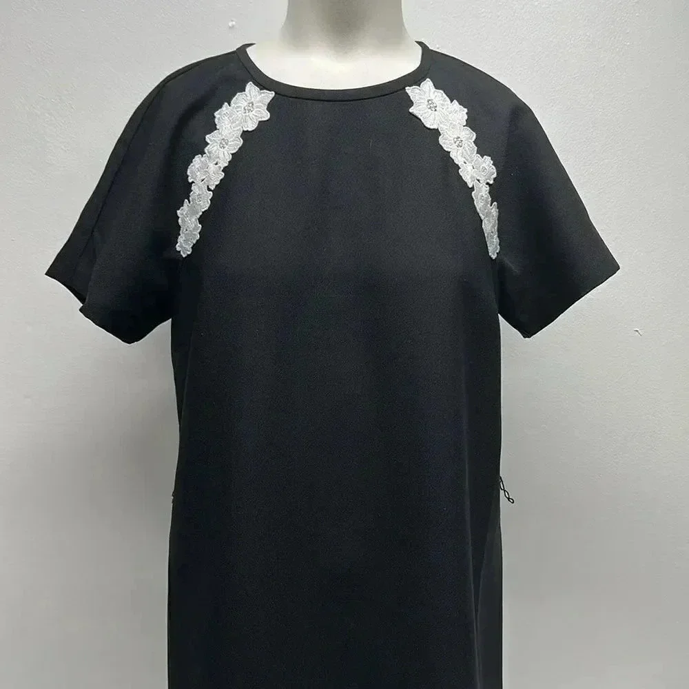 Kate Spade Dress Floral Lace Trim Crepe Short Sleeve Mini Black White Size 4
